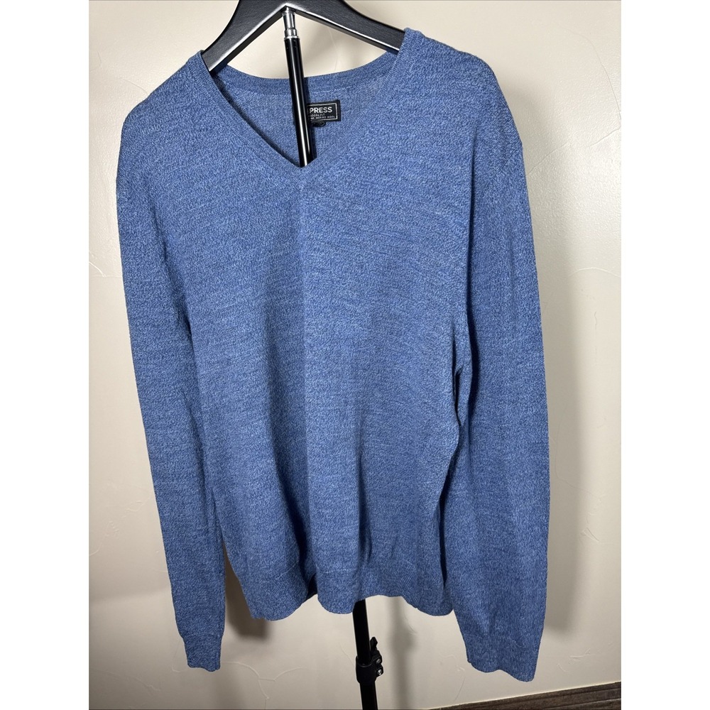 Express Men's L V-Neck Sweater Blue 100% Extra Fine Italian Merino Wool Solid